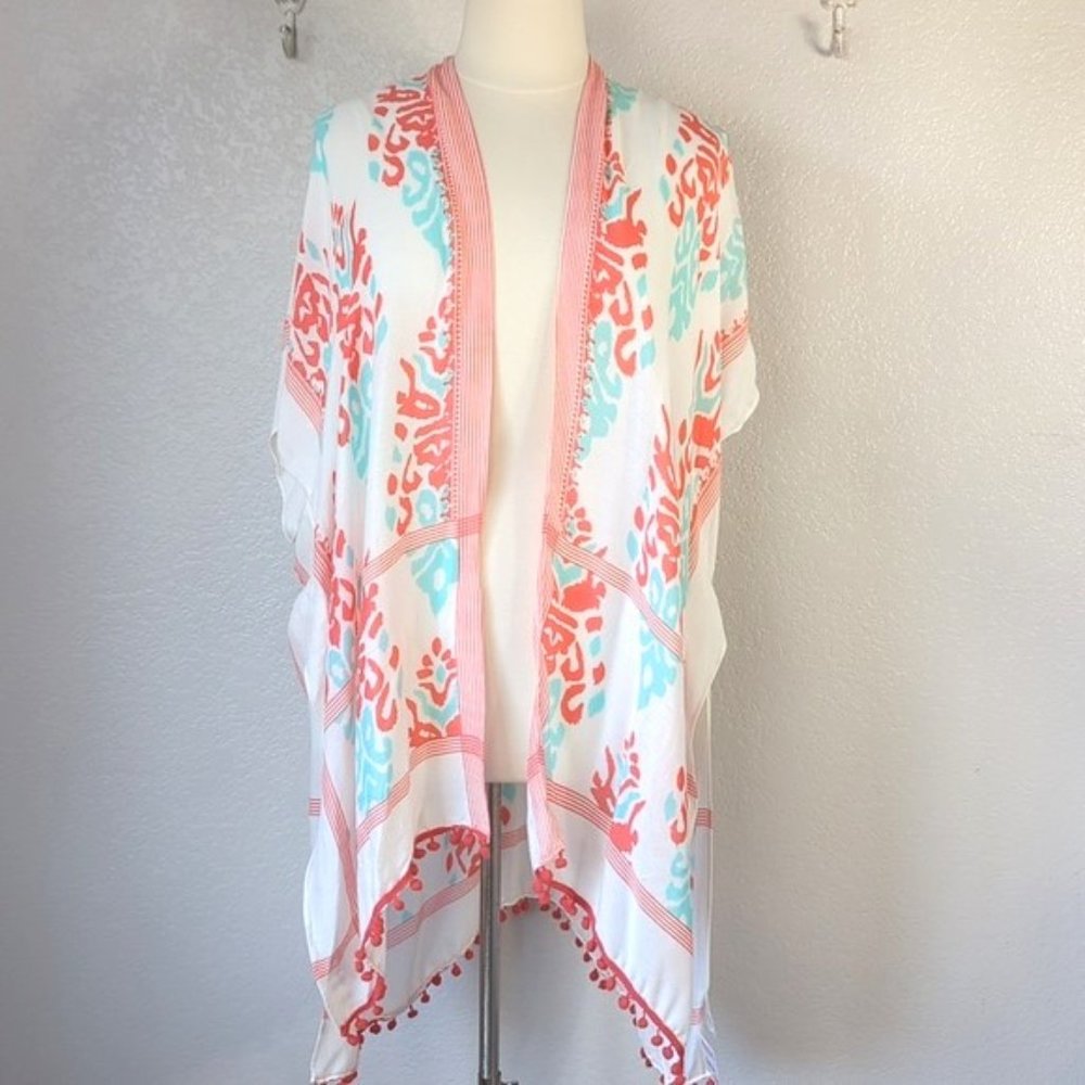 Pretty Please One Size Kimono Coral & Blue Pom Pom Tassel